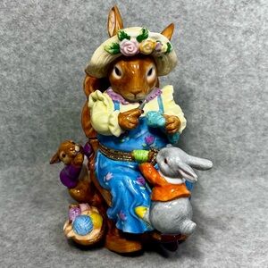 Hand Painted Porcelain Bunny Trinket Box Easter Rabbit Knitting Collectible Gift